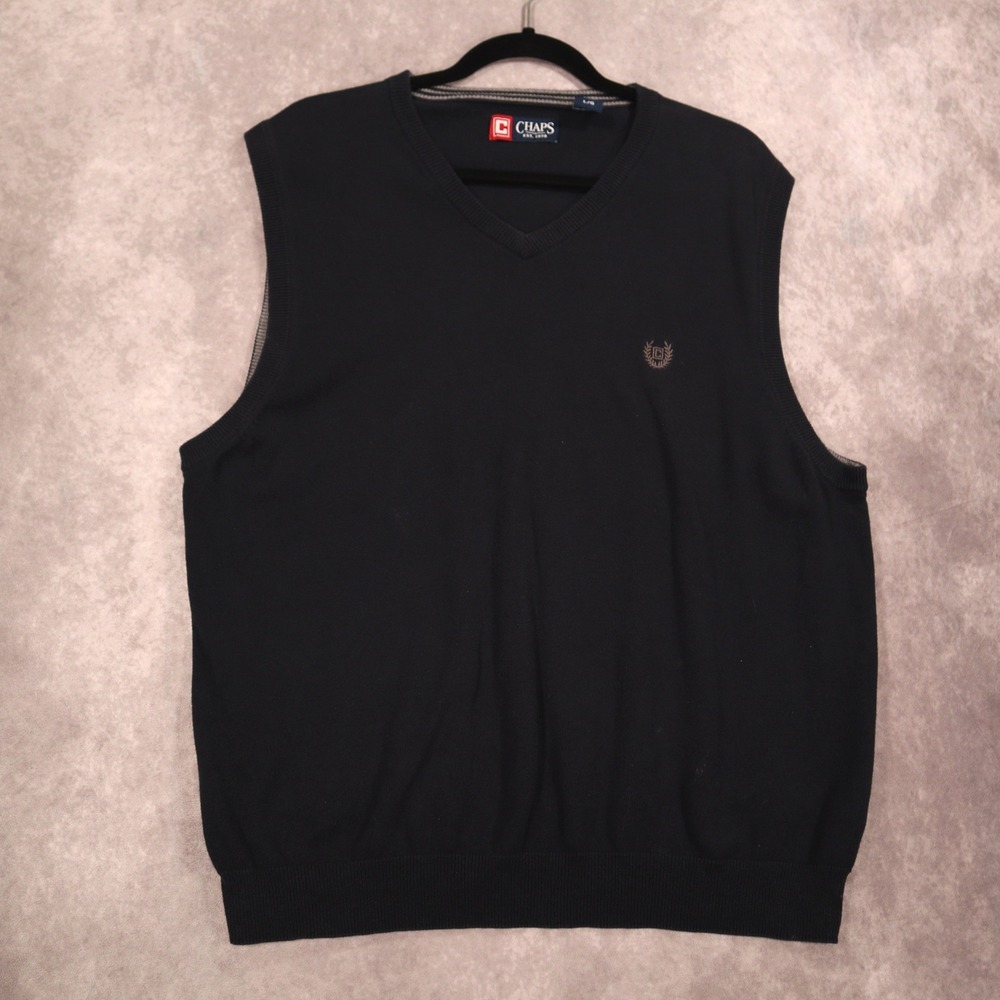 Vintage Chaps Blue V Neck Sweater Vest Cotton Knit Logo Men L Preppy Normcore